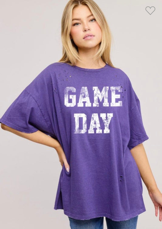 Distressed Game Day tee-purple