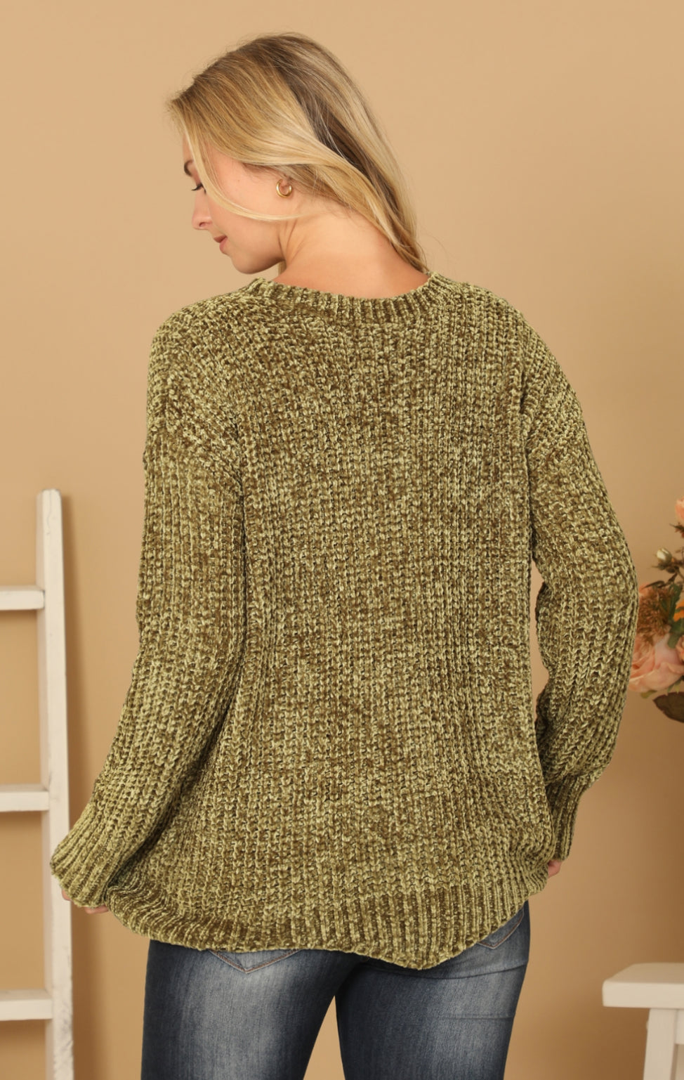 “Green Forest” olive chenille sweater