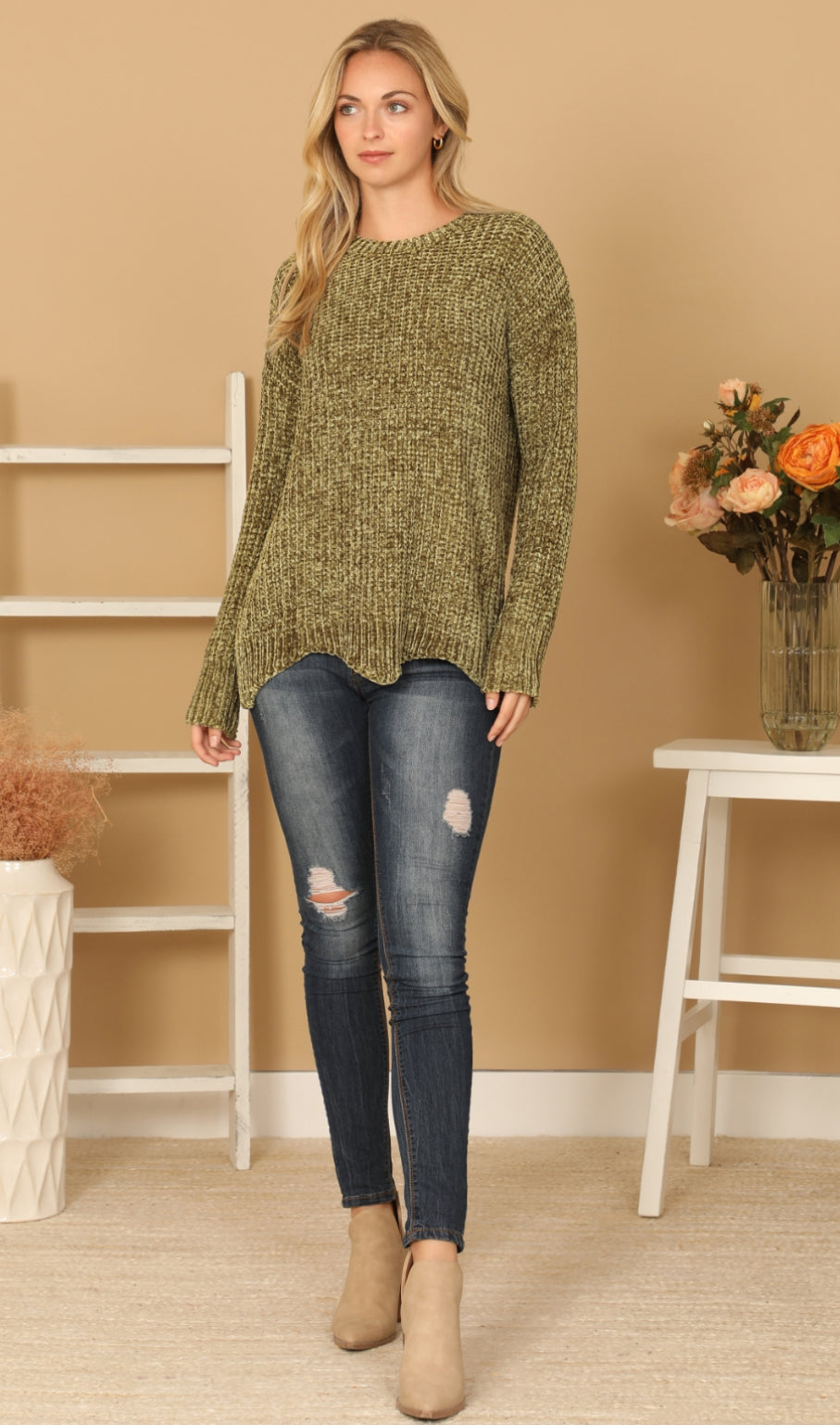 “Green Forest” olive chenille sweater