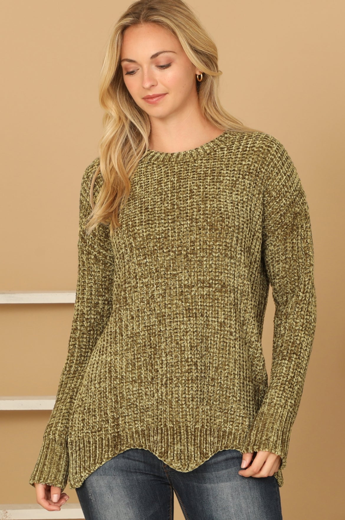 “Green Forest” olive chenille sweater