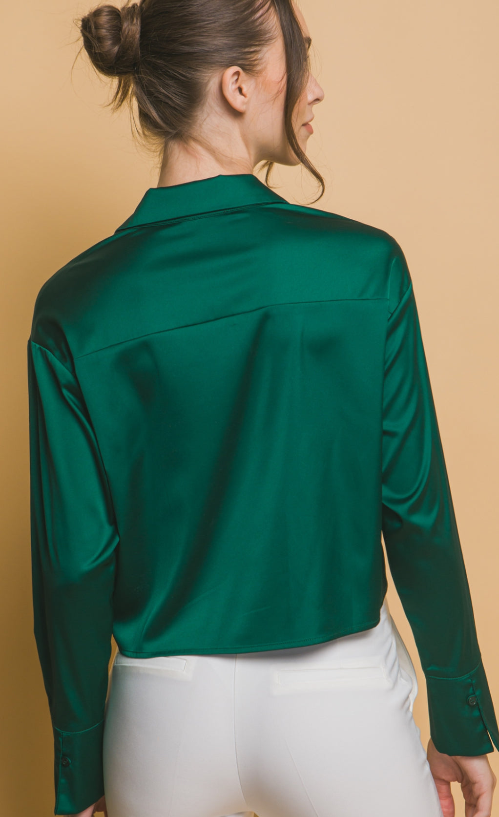 “Country Club” hunter green satin button up