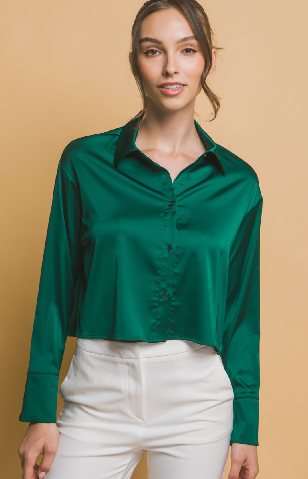 “Country Club” hunter green satin button up